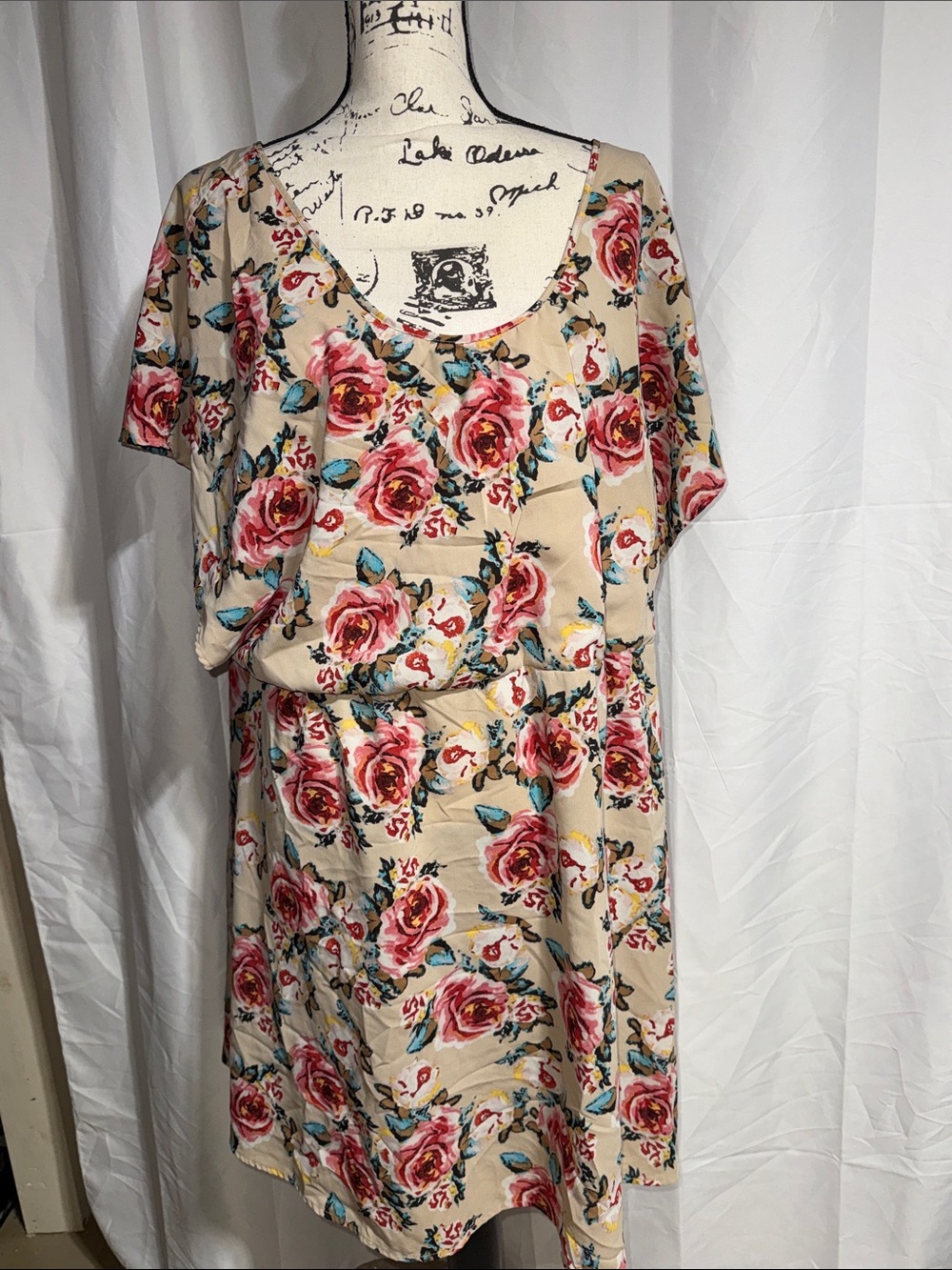 American Rag Beige Floral Midi Dress with Pink Rose Print